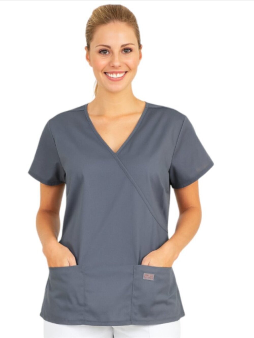 NEW ScrubZone by Landau X-Large Grey Scrub Top Crossover V-Neck Pockets 70224